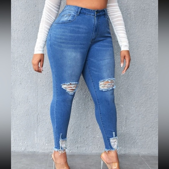 NWT Plus Size SHEIN SXY Plus High Waist Ripped Raw Trim Skinny Jeans - Picture 4 of 6